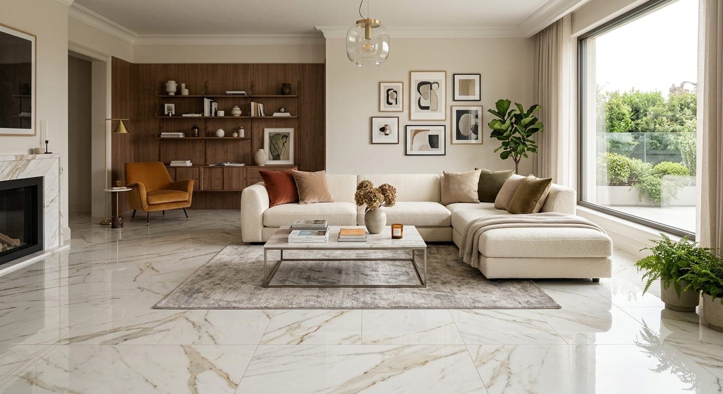 Pavimento in gres effetto marmo bianco venato, in grande formato
